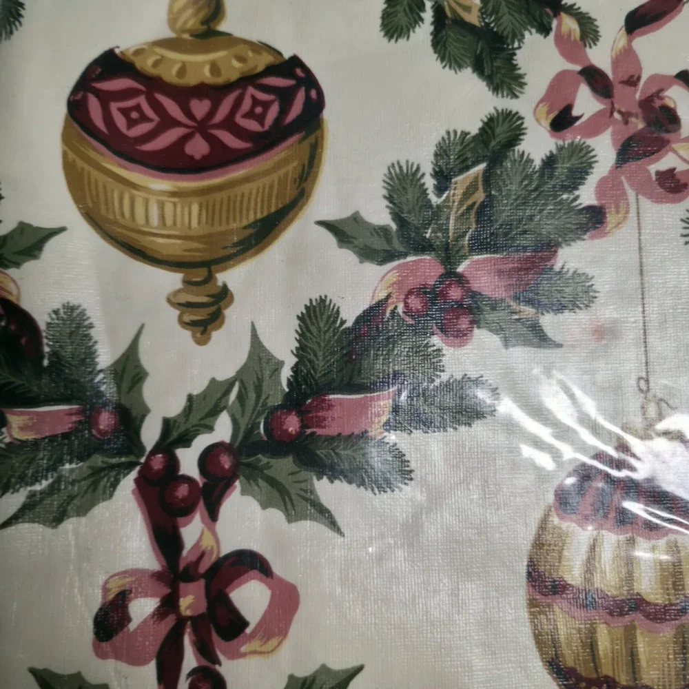 Holiday Time Christmas Vinyl Tablecloth 52 x 52 Square Ornaments Holly